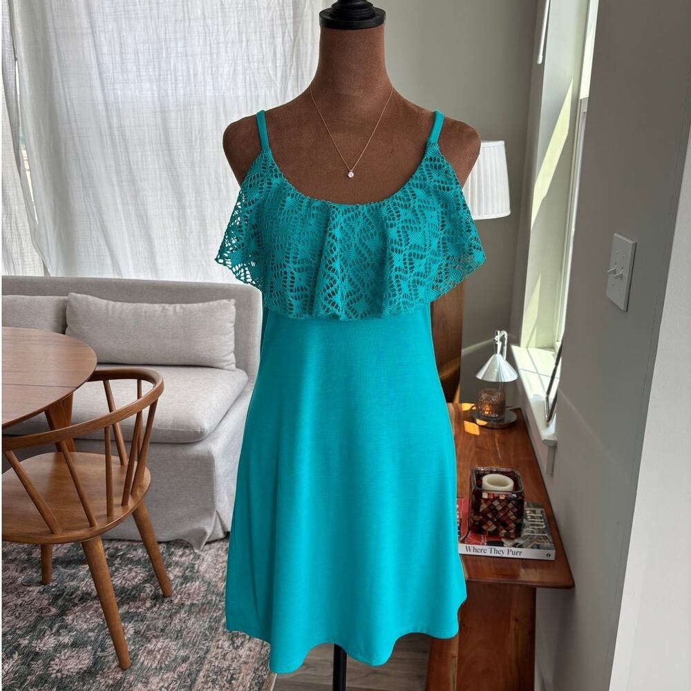 Vintage Xhilaration Dress Small Turquoise Crochet Ruffle Overlay Sundress Beachy